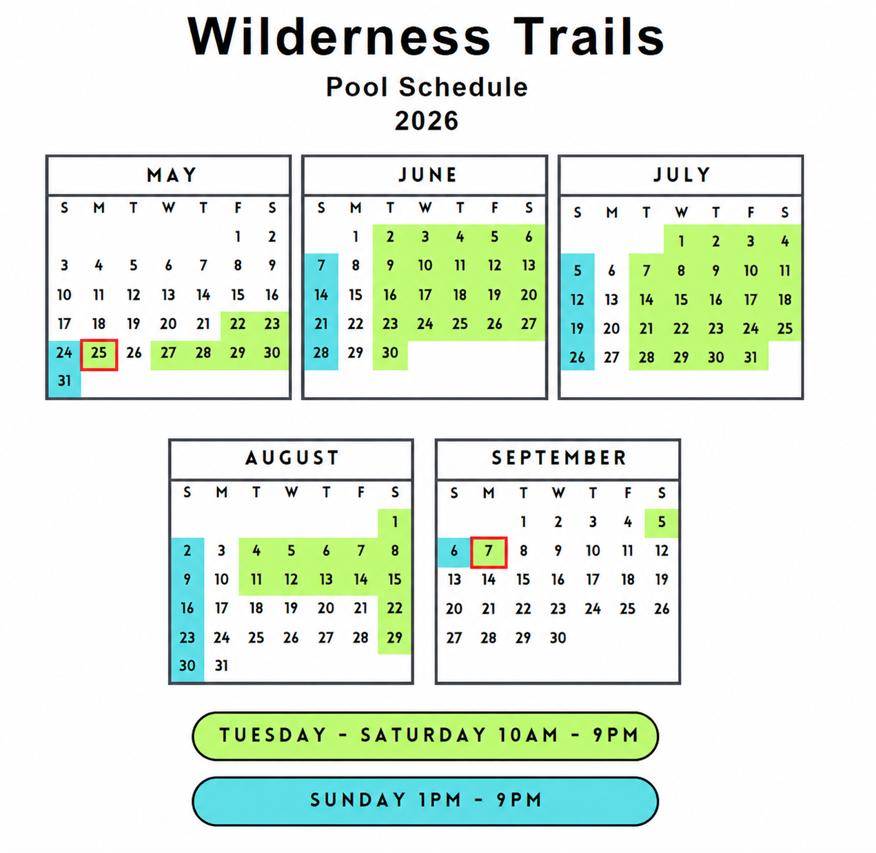 WTHOA 2026 Pool Schedule: open May 25 through September 7, Tuesday-Saturday 10 AM to 9 PM, Sunday 1 PM to 9 PM